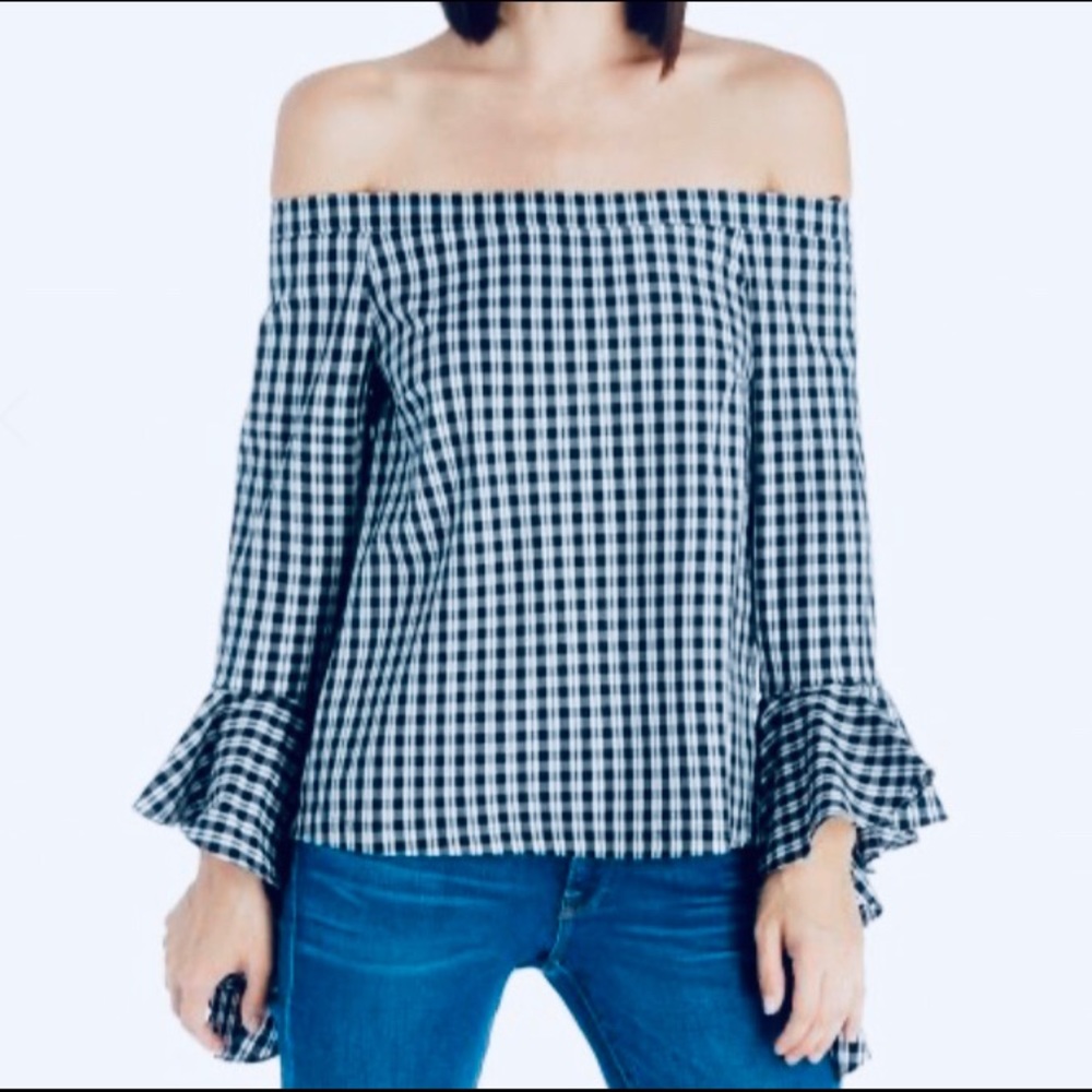 1.State Off the Shoulder Black/White Cascade Top